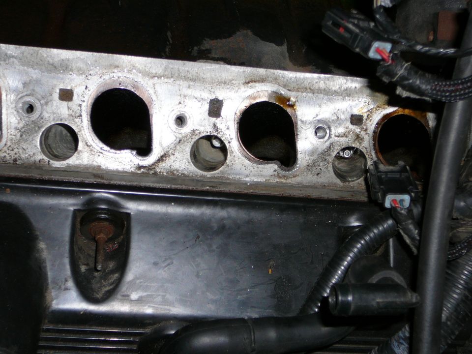 Close-up of aluminum cylinder head intake ports with manifold removed