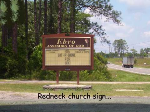 1995 Ford Bronco - Church sign with a humorous message about doing things for God.