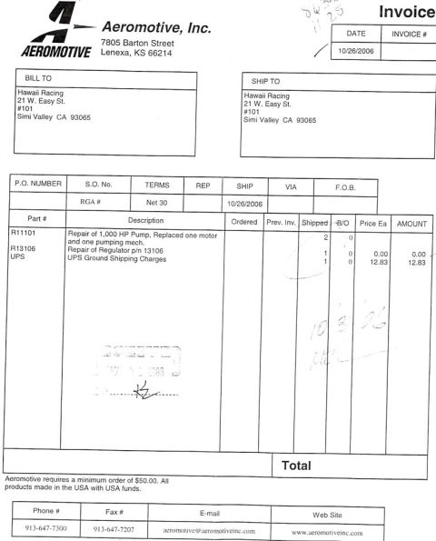 1998 Ford Crown Victoria - Business repair invoice from Aeromotive Inc.; an invoice document not matching any technical-document type.