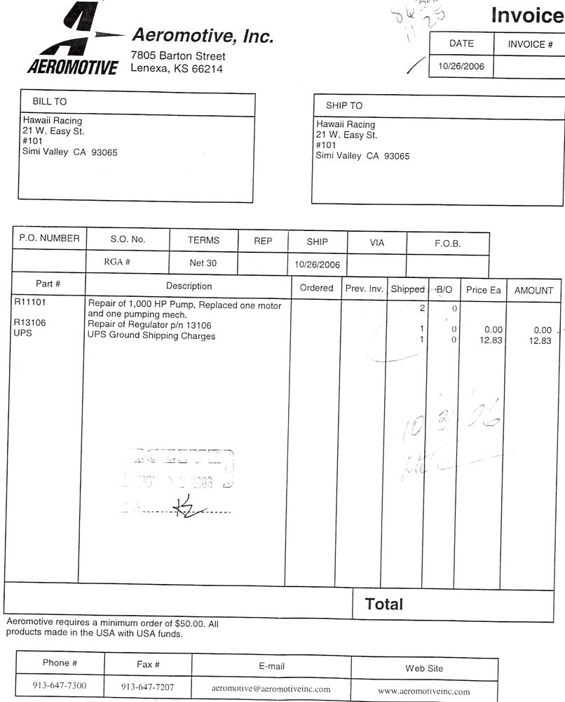 Aeromotive Inc. invoice dated 10/26/2006 for fuel pump and regulator repair