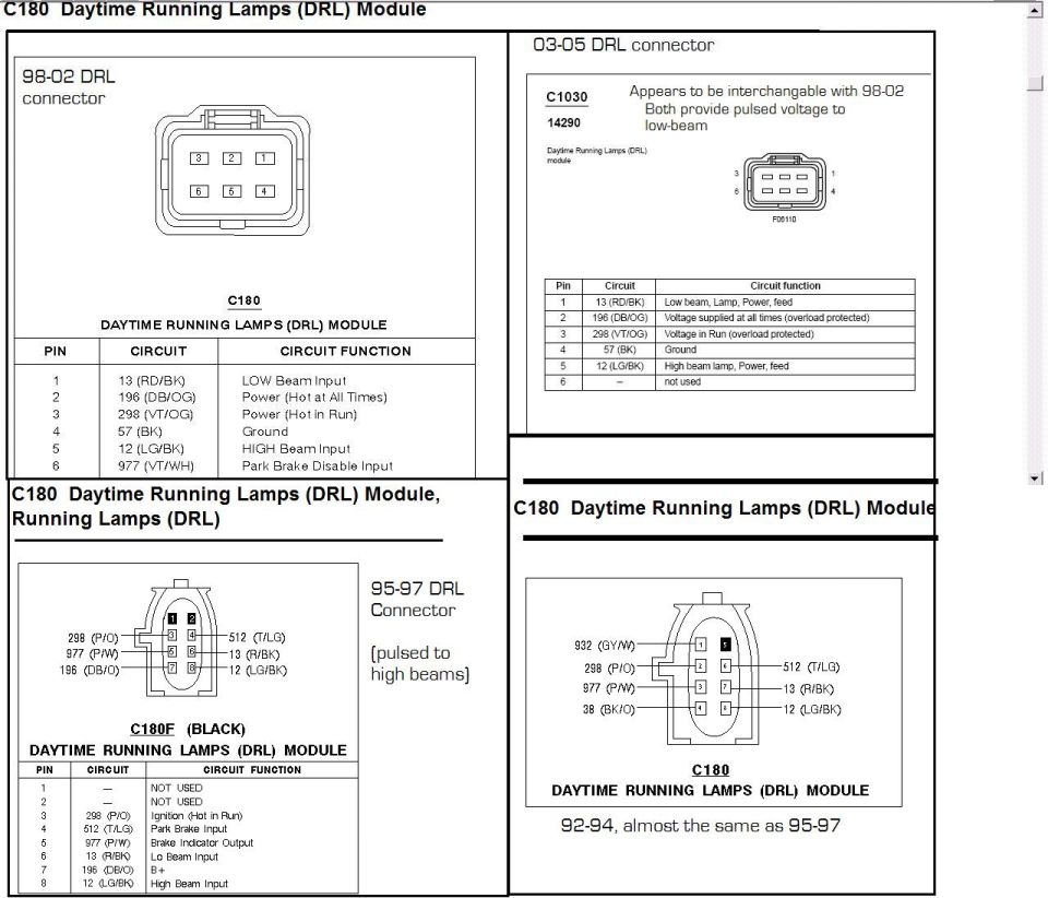 Wiring diagrams for C180 Daytime Running Lamps DRL module connectors