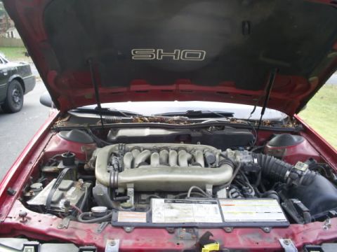 1995 Ford Taurus - Engine bay of a 1995 Ford Taurus SHO, showing the V8 engine and other components under the open hood.