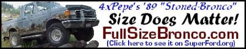 1989 Ford Bronco - Web forum signature banner showing a lifted gray full-size Ford Bronco with its front wheel climbing a rock, alongside red and black text r…