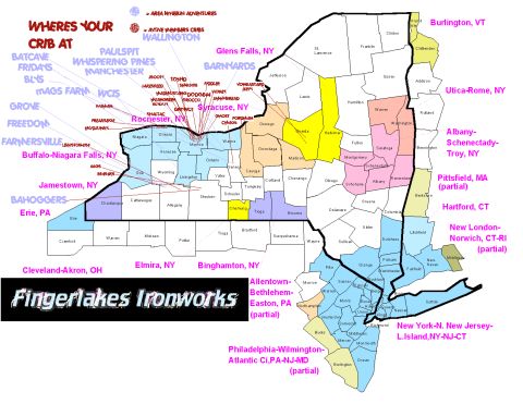 1979 Ford F-150 - Community 'Where's Your Crib At' map of New York state showing member nicknames and regional cities, not a technical document.
