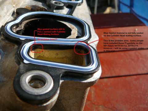 1997 Mercury Grand Marquis - Close-up of an intake manifold gasket, with annotations highlighting a potential seating problem and a proposed solution using gasket seale…