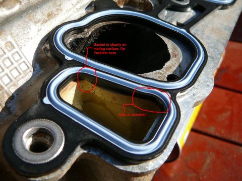 1997 Mercury Grand Marquis - Intake manifold gasket with annotations pointing out areas of concern and a problem-free section.
