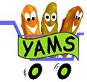 1989 Ford Bronco - A whimsical illustration of three cartoon yams with smiling faces riding in a shopping cart, a banner proclaiming 'YAMS' across the front.