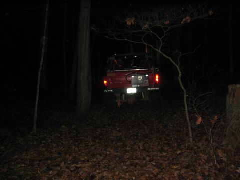 1979 Ford Bronco - A red pickup truck is parked in a dark, wooded area at night, viewed from the rear.