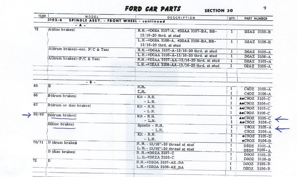 Ford Car Parts catalog Section 30 front wheel spindle assembly 3102-6 part number listing