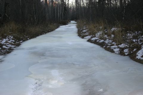 2003 Jeep TJ - A frozen stream winds through a wooded area with snow on the banks.