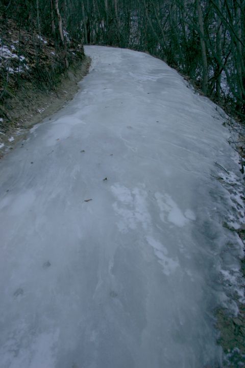 2003 Jeep TJ - A frozen path winds through a forest, covered in ice and patches of snow.