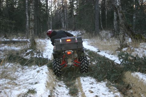 2003 Jeep TJ - ATV navigates a snowy forest trail, carrying a person and dragging branches.