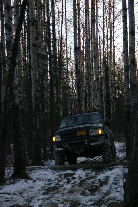 2003 Jeep TJ - A dark Ford Ranger navigates a snowy trail through a dense forest.