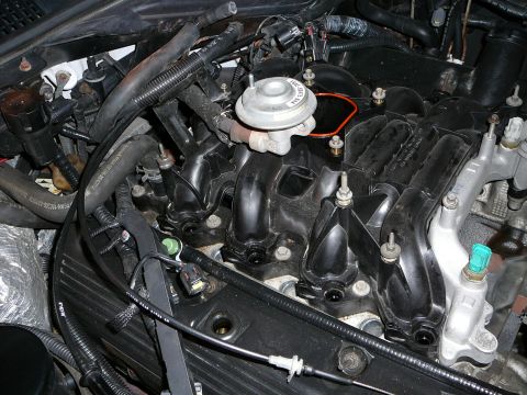 1997 Mercury Grand Marquis - Top view of a black composite V8 intake manifold in the engine bay with the upper elbow and throttle body removed, leaving an orange gasket…
