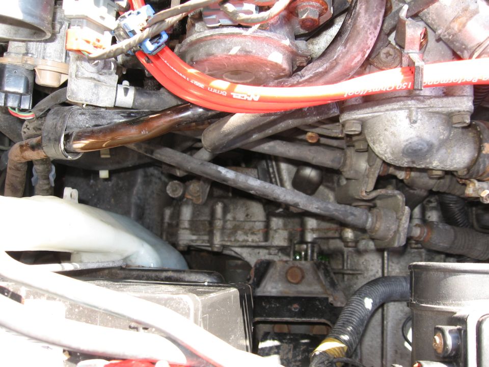 Engine bay with red MSD 8.5mm spark plug wires routed over the motor