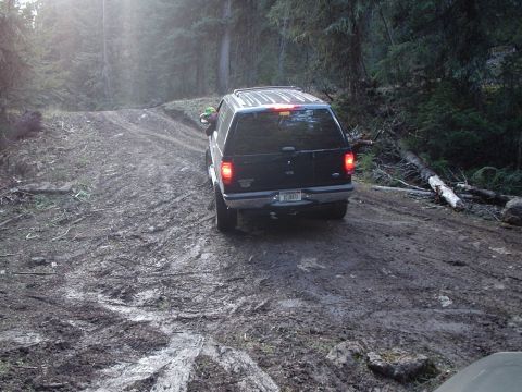 1990 Ford Bronco - A black Ford Explorer navigates a challenging muddy path through a dense forest.