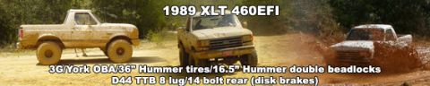 1989 Ford Bronco - Three Ford trucks, including a 1989 Bronco, tackle a muddy off-road course with visible modifications.