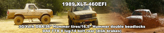 1989 Ford Bronco and two Ford F-series trucks driving through mud, with text overlay detailing modifications