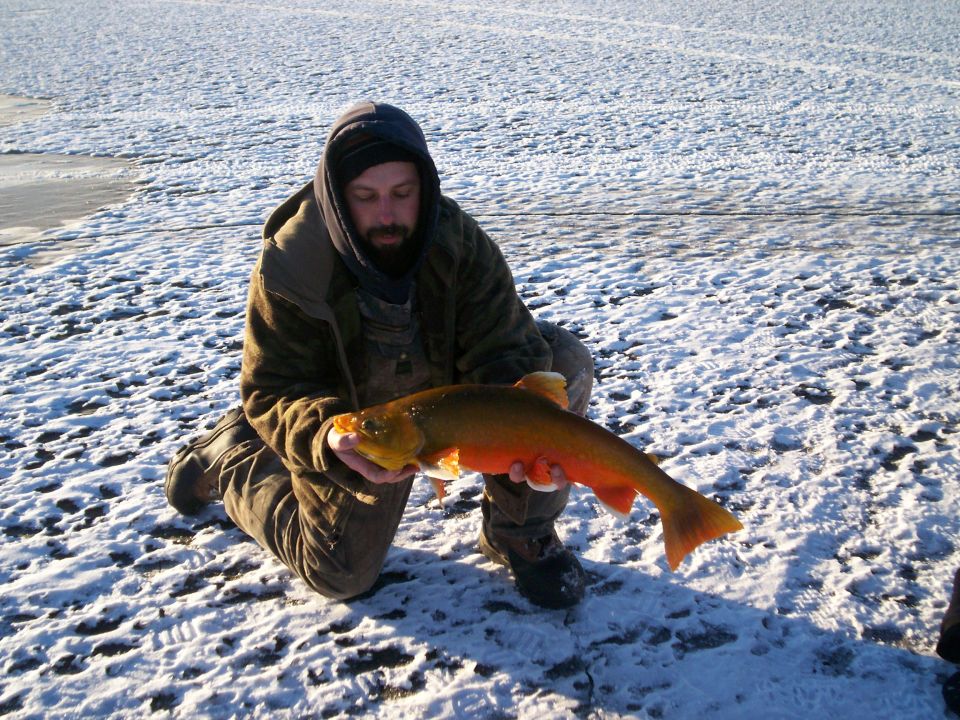 Man in winter clothing holds a large, orange-bellied fish. Snowy ground surrounds him. Supermotors.net logo in lower right