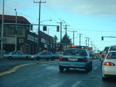 2000 Ford Crown Victoria - A blue police car with its lights activated is seen from behind on a wet street, with other vehicles and buildings in the background.