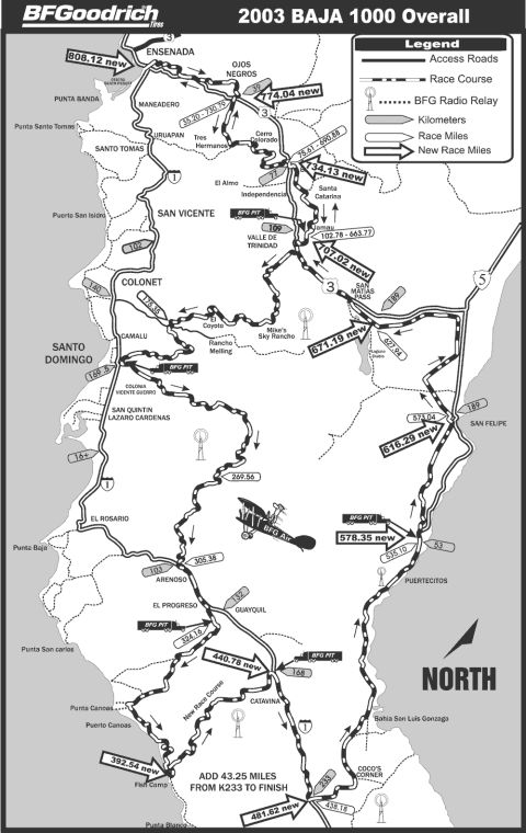 1990 Ford Bronco - Printed BFGoodrich 2003 Baja 1000 overall race-course map showing the route down the Baja peninsula with a legend.