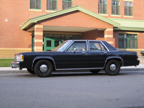 1991 Ford LTD Crown Victoria - A dark, full-size sedan is parked curbside in front of a brick building with green trim.