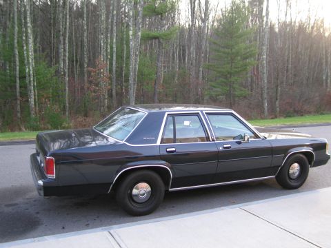 1991 Ford LTD Crown Victoria - A dark sedan is parked on the side of the road with a wooded area behind it.