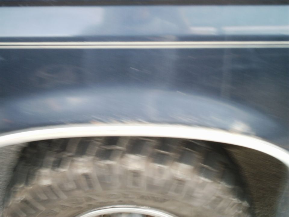 Dark blue vehicle side panel with white trim above a tire