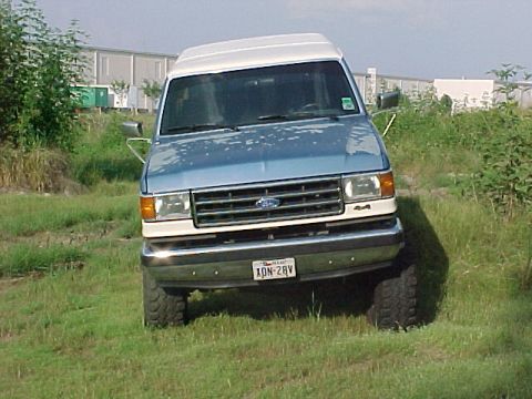 1990 Ford Bronco - This van has a blue body with a white roof and appears to be a 4x4.