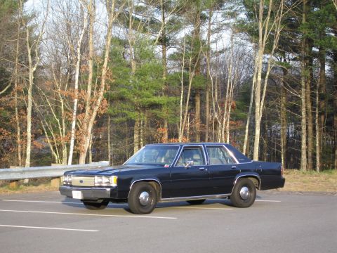 1991 Ford LTD Crown Victoria - A dark blue sedan is parked in an outdoor lot with a wooded area behind it.