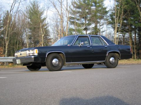 1991 Ford LTD Crown Victoria - This dark sedan is parked on the shoulder of a road with trees in the background.