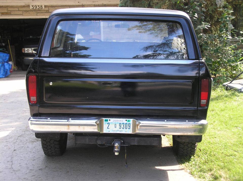 Rear view of black 1978 Ford Bronco with Indiana license plate