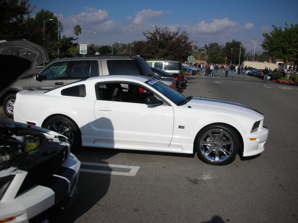 White Mustang coupe with chrome wheels parked at a car show, side view