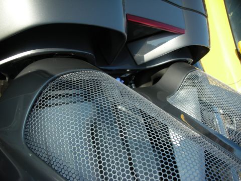 1998 Ford Crown Victoria - Close-up of a dark sports car's curved honeycomb-mesh engine cover grille beside the bodywork.