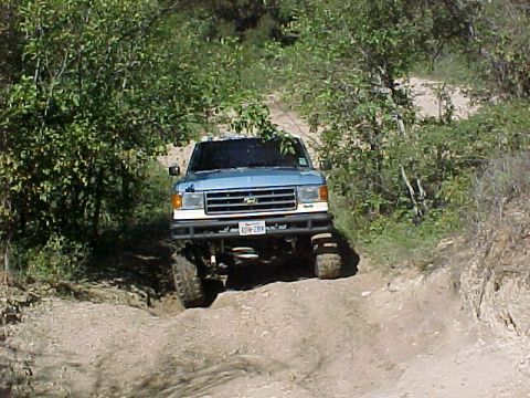 1990 Ford Bronco - 1987 Ford Bronco navigating an off-road trail with dense foliage on either side.