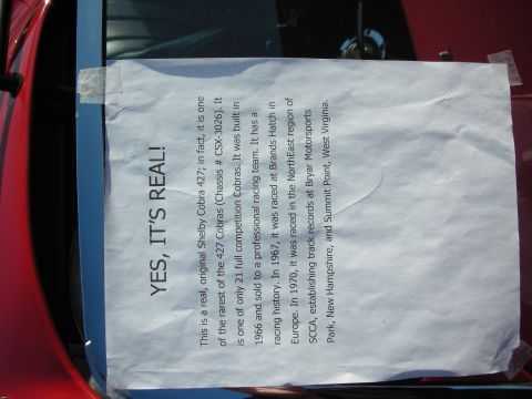 1998 Ford Crown Victoria - Car show information placard detailing the history of a real 1966 Shelby Cobra 427 competition car.