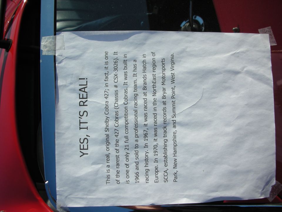 Printed Yes It's Real placard describing a 1966 Shelby Cobra 427 CSX-3026