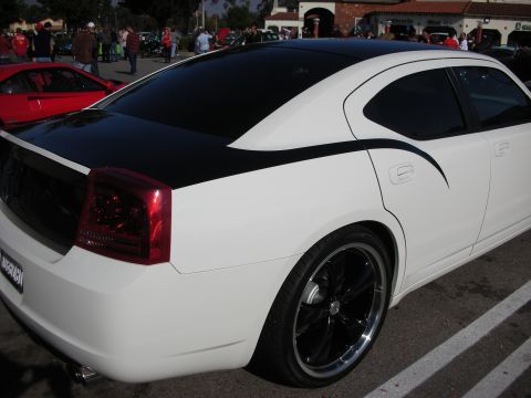 1998 Ford Crown Victoria - Close rear quarter view of a white Dodge Charger showing its black roof, tinted glass and chrome-lipped wheels.