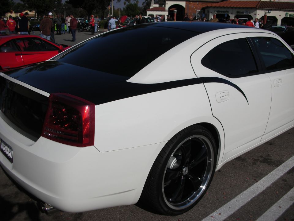 Rear three-quarter of white Dodge Charger with black roof and chrome wheels