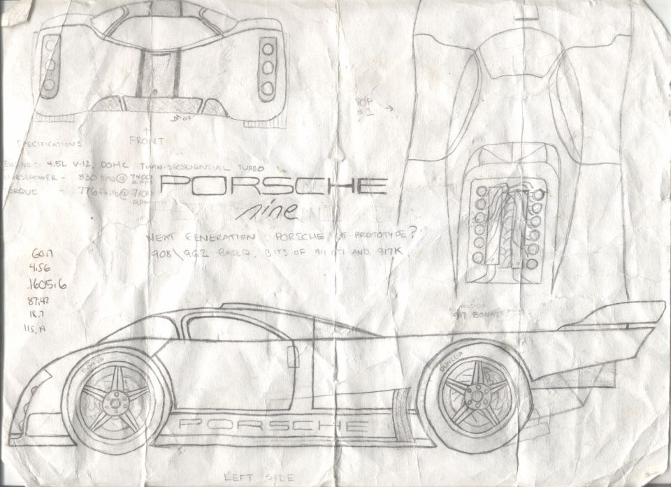 Hand-drawn pencil sketches of a Porsche race-car concept with notes