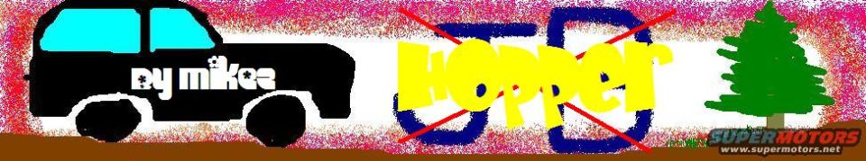 Drawing of a black SUV with blue windows and text 'by mikes' on its side, next to a red-crossed-out yellow word 'Hopper' and a green tree