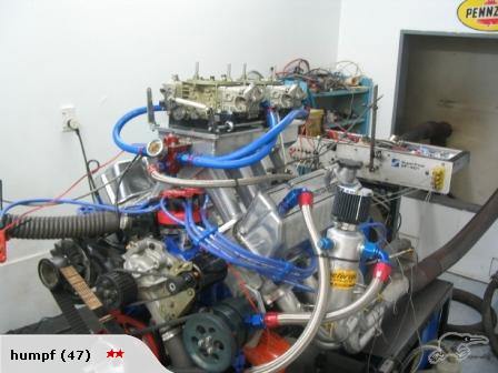 1972 Ford Ranchero - Engine assembly on a test stand, likely for performance tuning or dyno testing.
