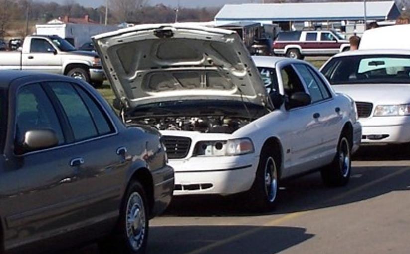 Two Ford Crown Victorias parked, one with hood open showing engine. Another white car and a pickup truck in background