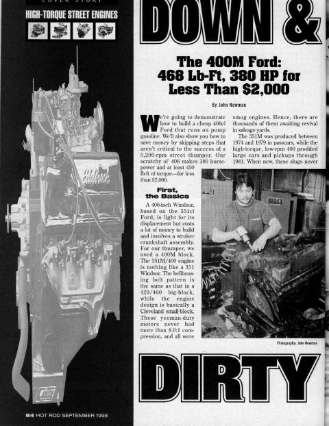 1975 Ford Ranchero - This document discusses building a 400M Ford engine for under $2,000, detailing its components and performance.