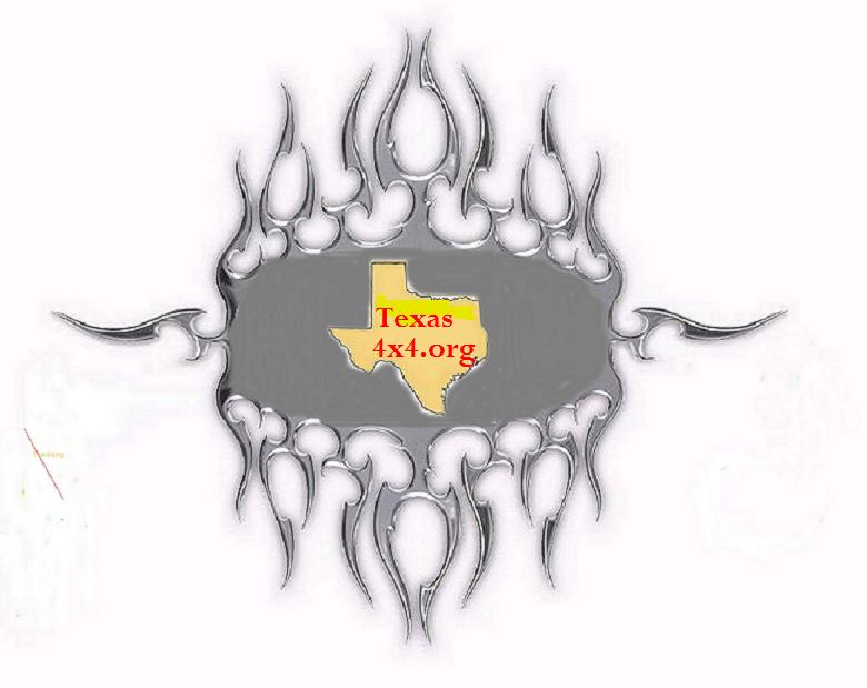 Emblem with Texas map and "Texas 4x4.org" text, surrounded by flame graphics