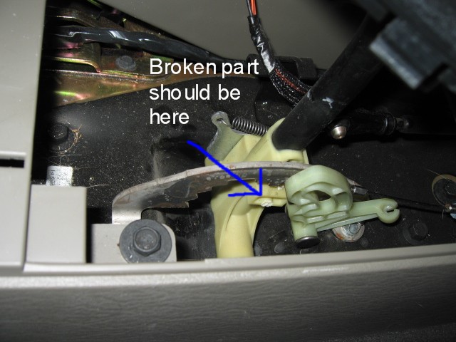 Close-up of a broken shift linkage part inside a vehicle, with an arrow pointing to the damaged area