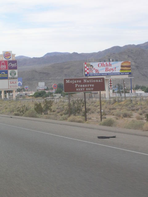 1975 Ford Ranchero - A desert highway scene features multiple billboards advertising fast food and the Mojave National Preserve, with mountains in the backgroun…