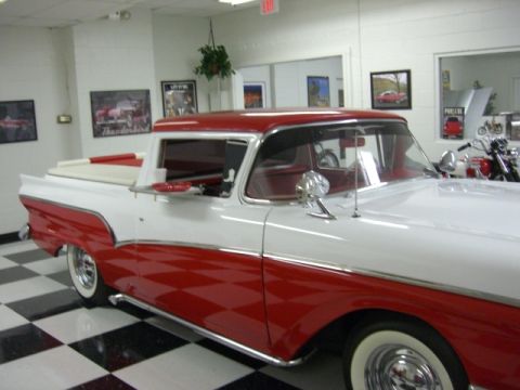 1957 Ford Ranchero - This two-tone 1957 Ford Ranchero features a red diamond pattern on its lower body panels.