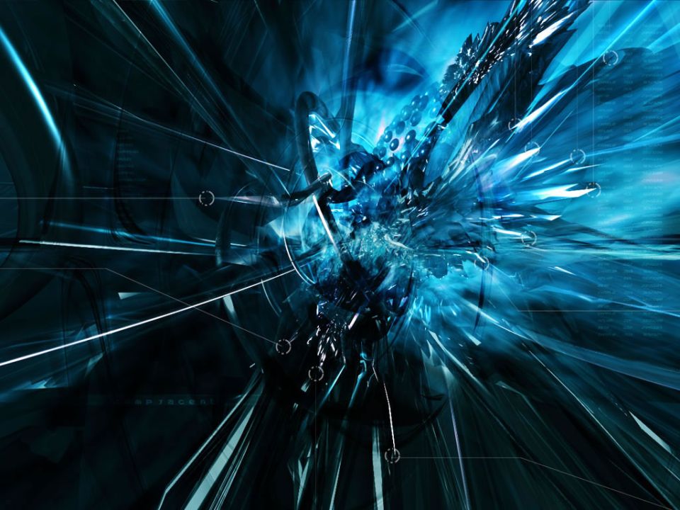Abstract blue digital art with sharp lines and crystalline structures, a "SUPERMOTORS" logo