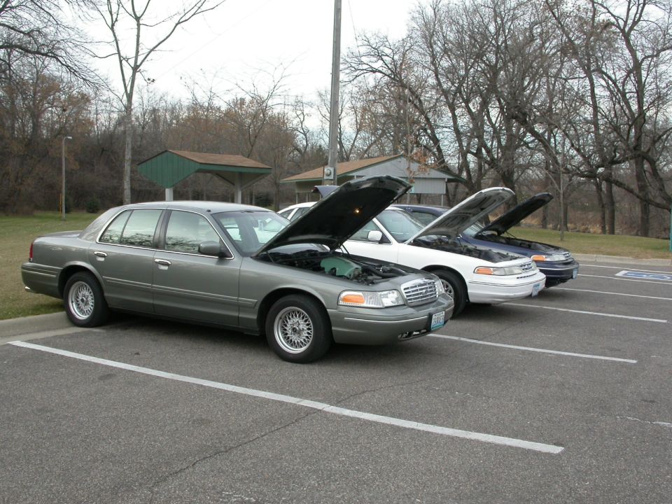 Grey, white and blue Ford Crown Victoria sedans with hoods up in park lot